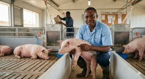 Un technicien d'INTERPORCAM inspecte la croissance d'un porcelet Large White dans une ferme pilote au Cameroun. Propreté, contrôle sanitaire et alimentation équilibrée sont les clés de la rentabilité en 2026.